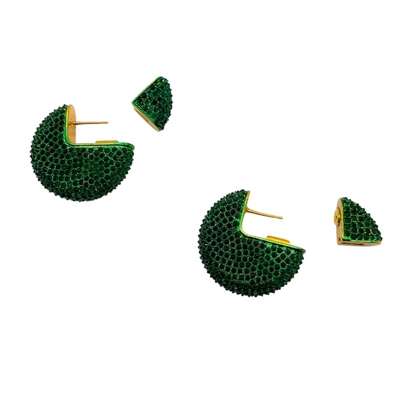 CELINE GREEN CRYSTAL RHINESTONE EMBELLISHED DISC HOOP EARRINGS - Picture 6 of 8